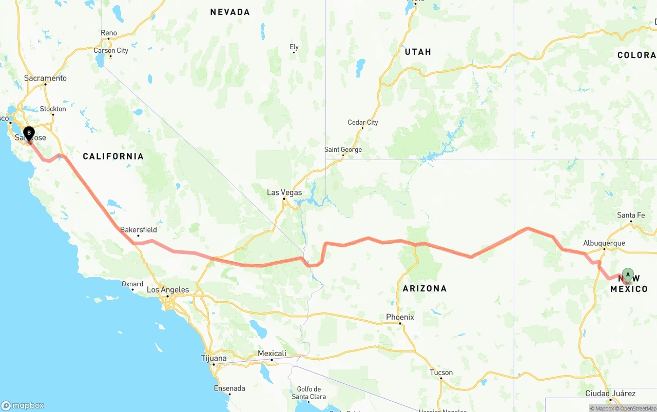Shipping route from New Mexico to Norman Y. Mineta San Jose International Airport