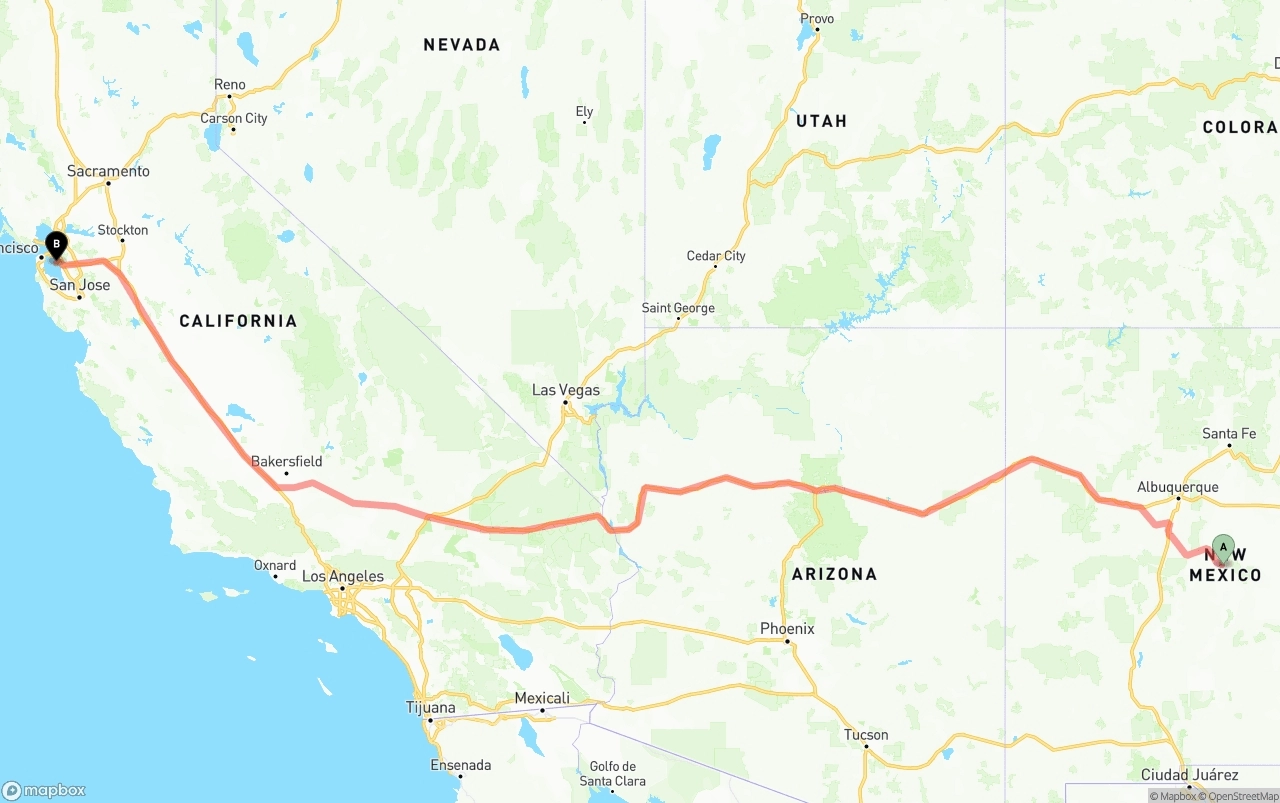 Shipping route from New Mexico to Oakland International Airport