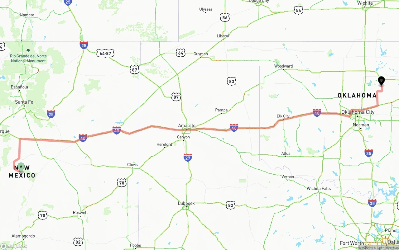 Shipping route from New Mexico to Oklahoma
