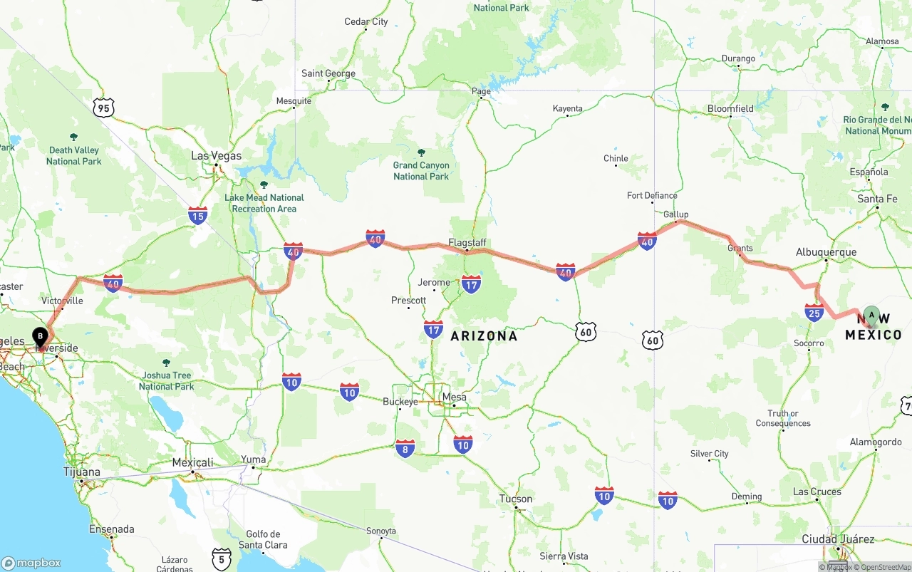 Shipping route from New Mexico to Ontario International Airport
