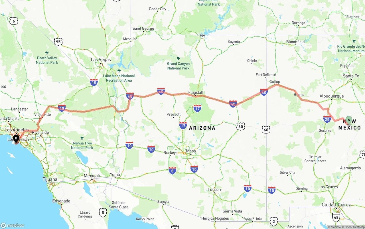 Shipping route from New Mexico to Port of Los Angeles
