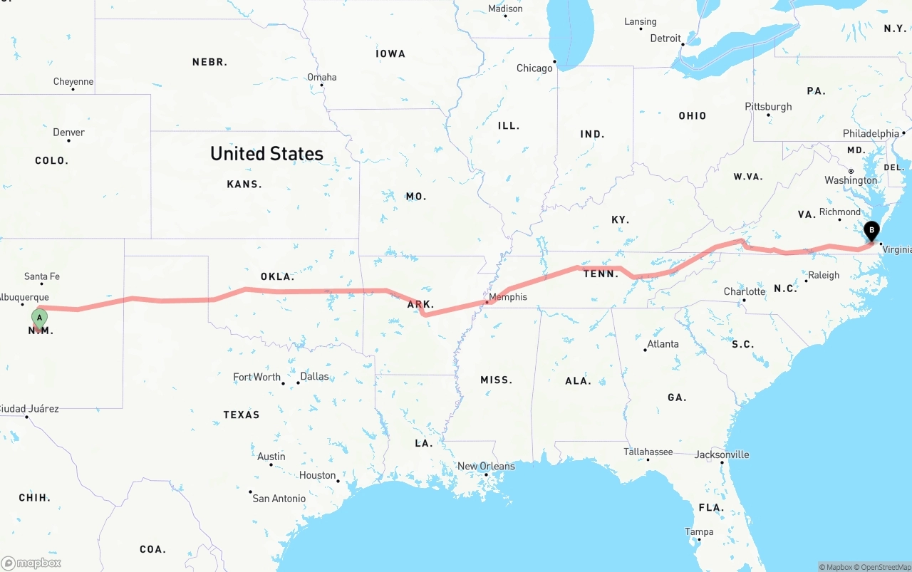 Shipping route from New Mexico to Port of Norfolk