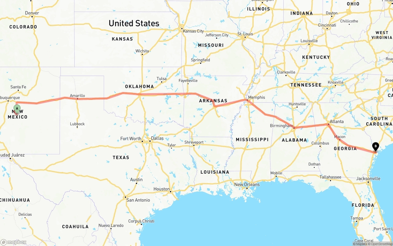 Shipping route from New Mexico to Port of Savannah