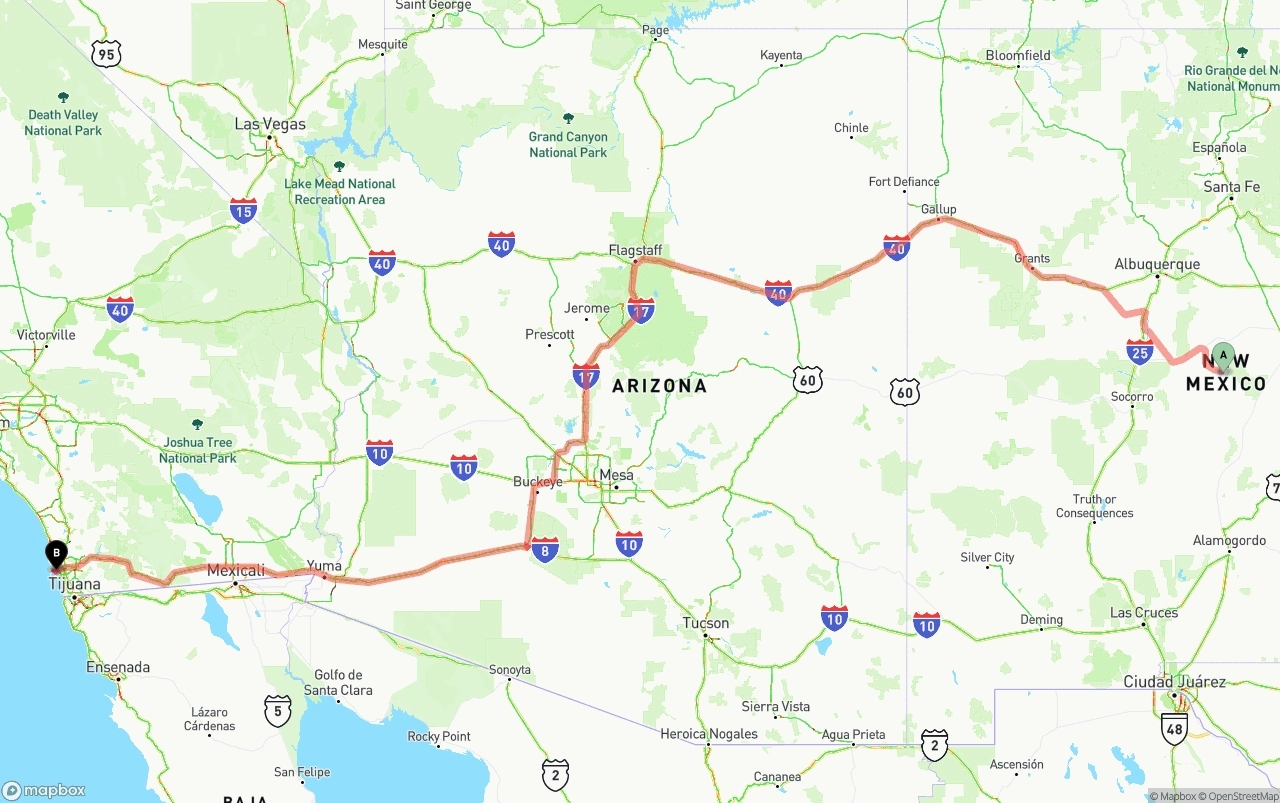 Shipping route from New Mexico to San Diego International Airport