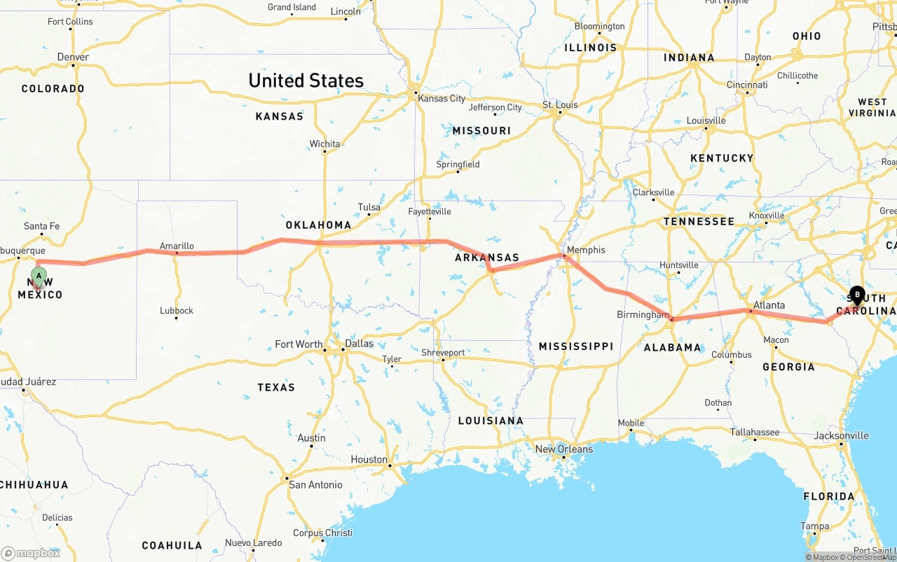 Shipping route from New Mexico to South Carolina