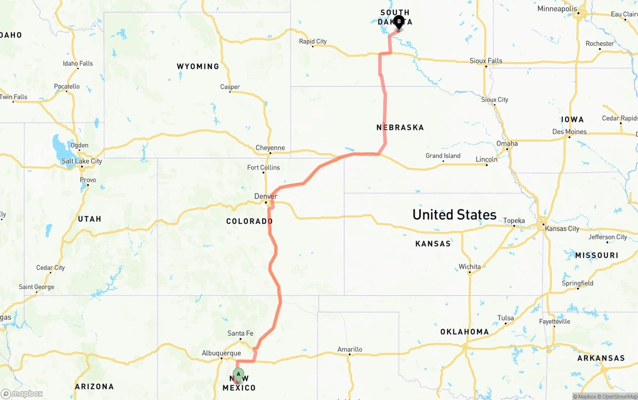 Shipping route from New Mexico to South Dakota