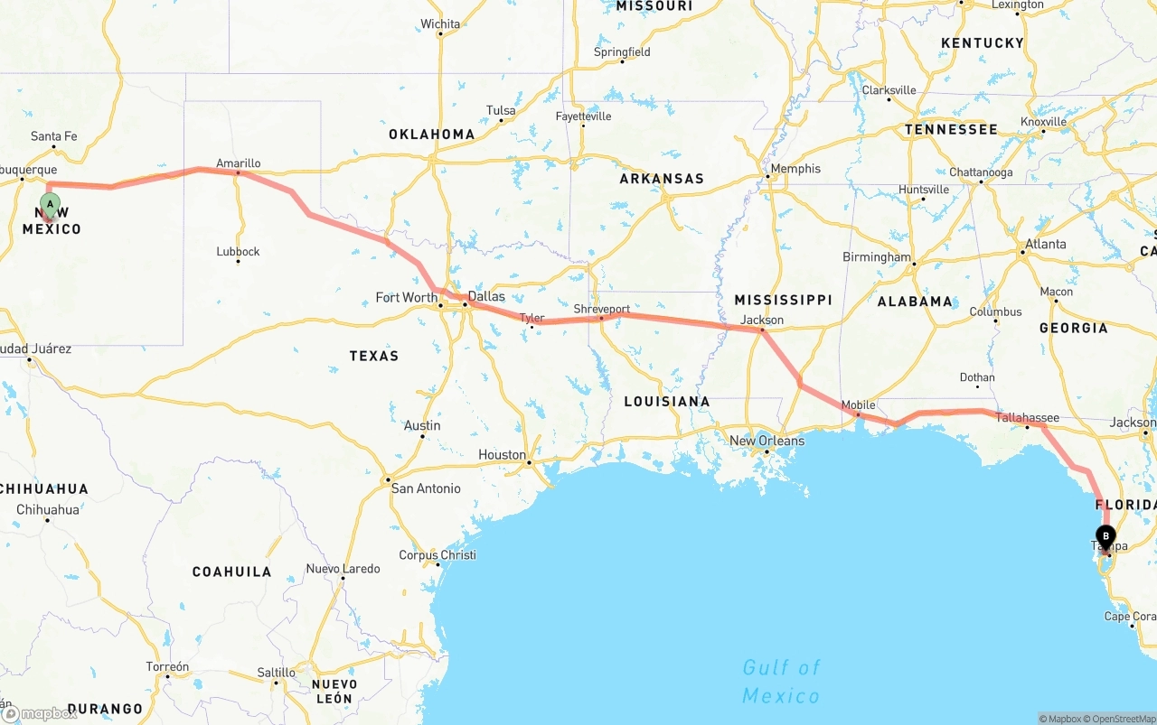 Shipping route from New Mexico to Tampa International Airport