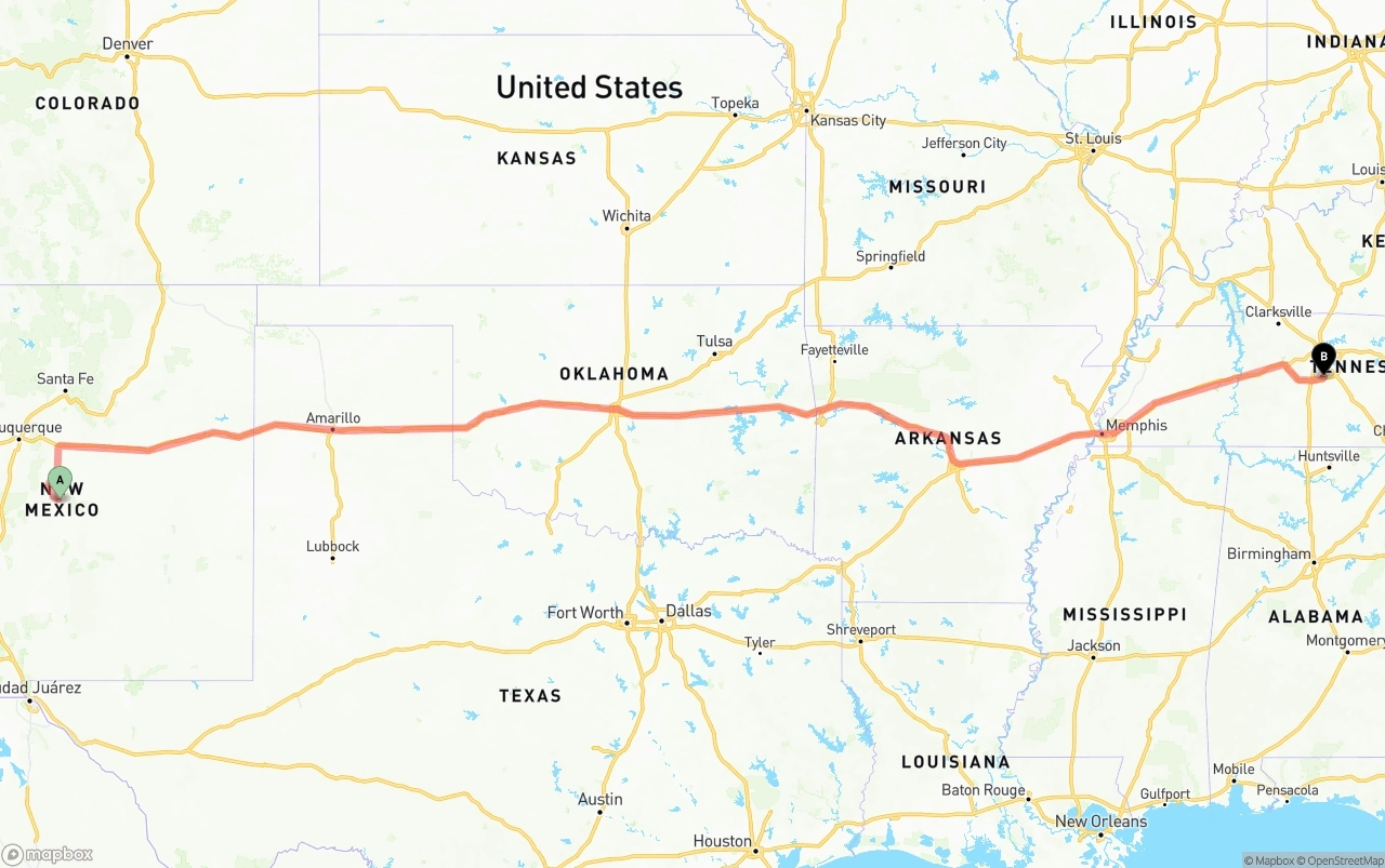 Shipping route from New Mexico to Tennessee