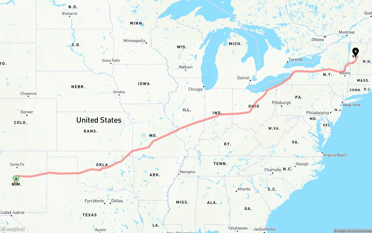 Shipping route from New Mexico to Vermont