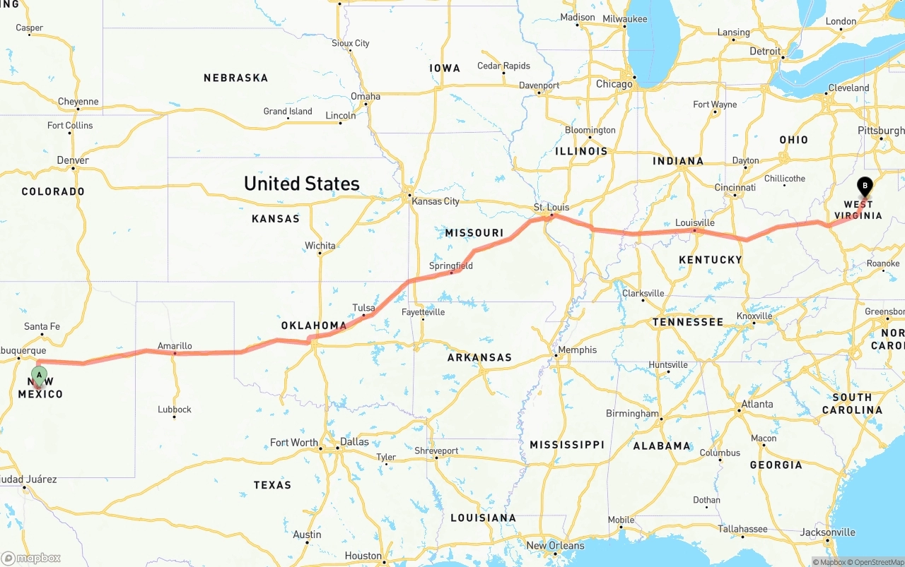 Shipping route from New Mexico to West Virginia