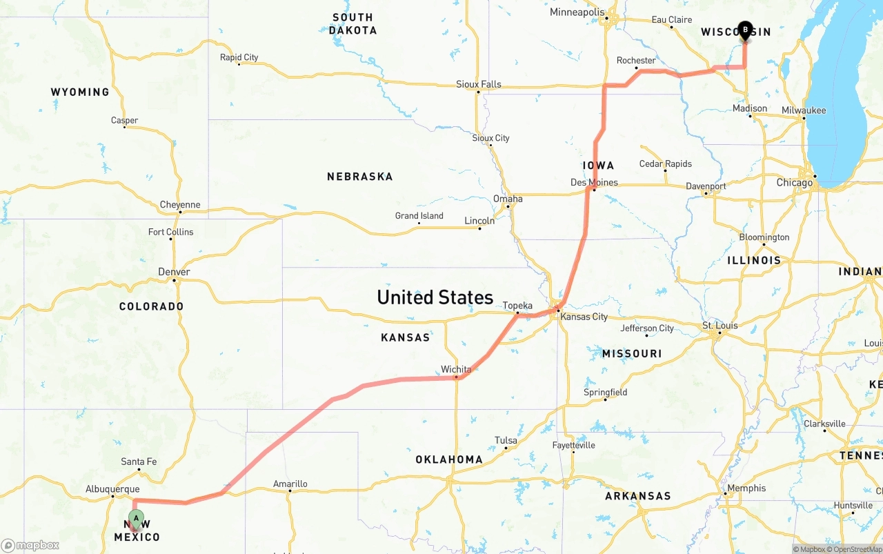 Shipping route from New Mexico to Wisconsin