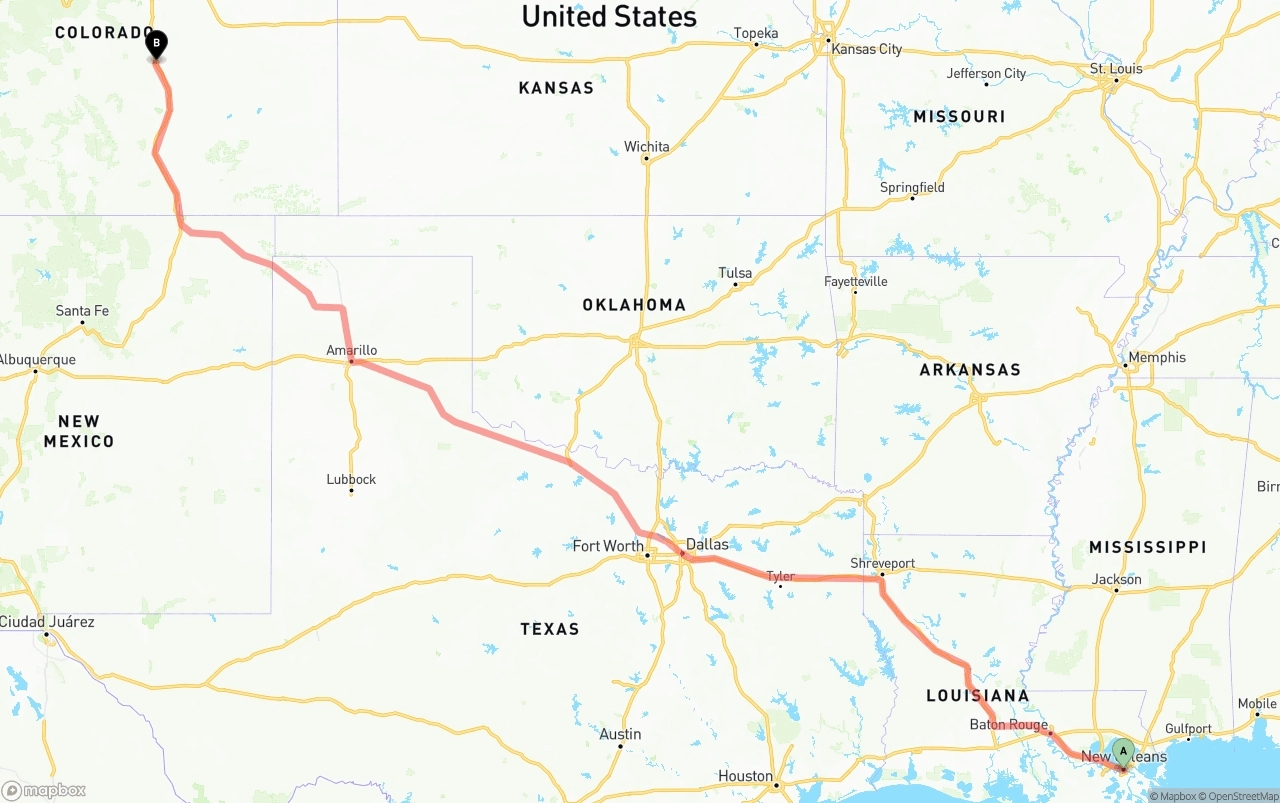 Shipping route from New Orleans to Colorado Springs