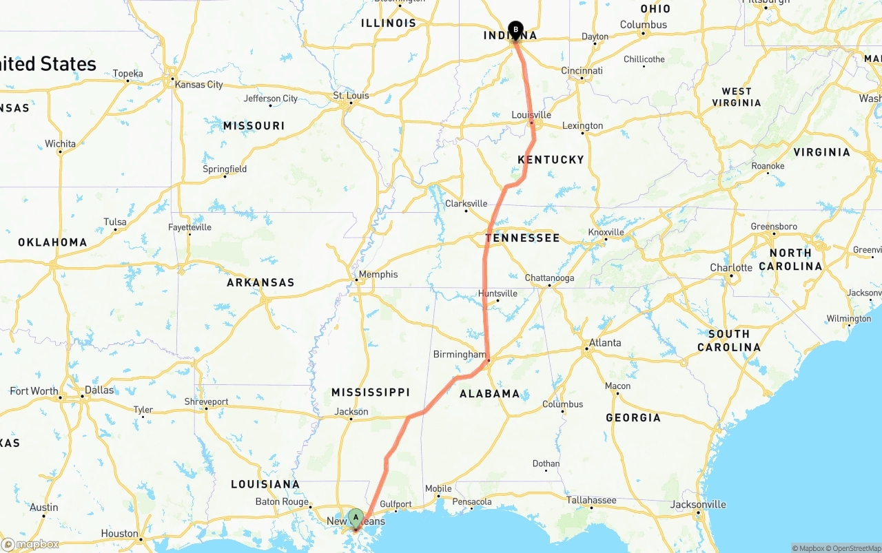 Shipping route from New Orleans to Indianapolis