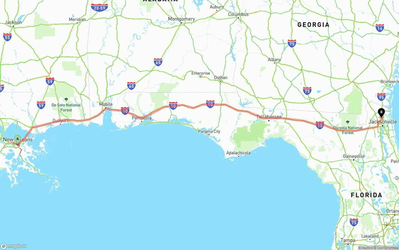 Shipping route from New Orleans to Jacksonville International Airport