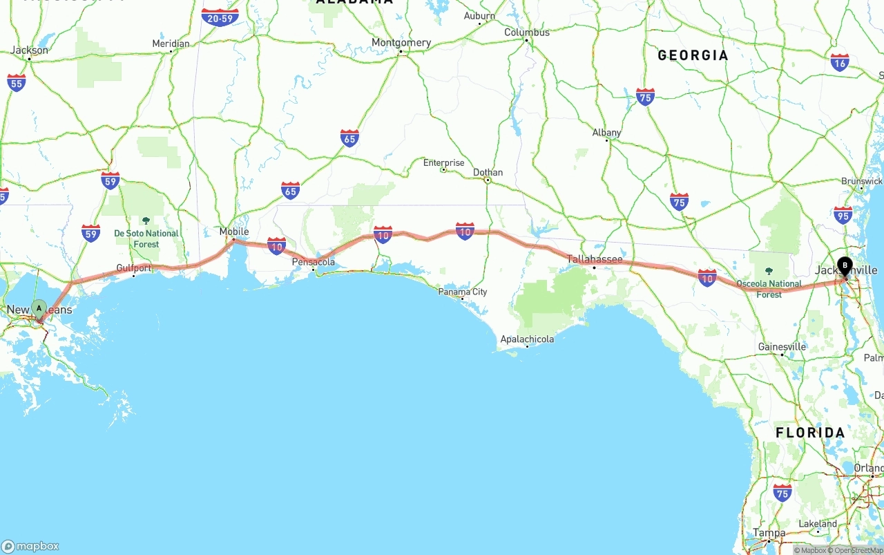 Shipping route from New Orleans to Jacksonville
