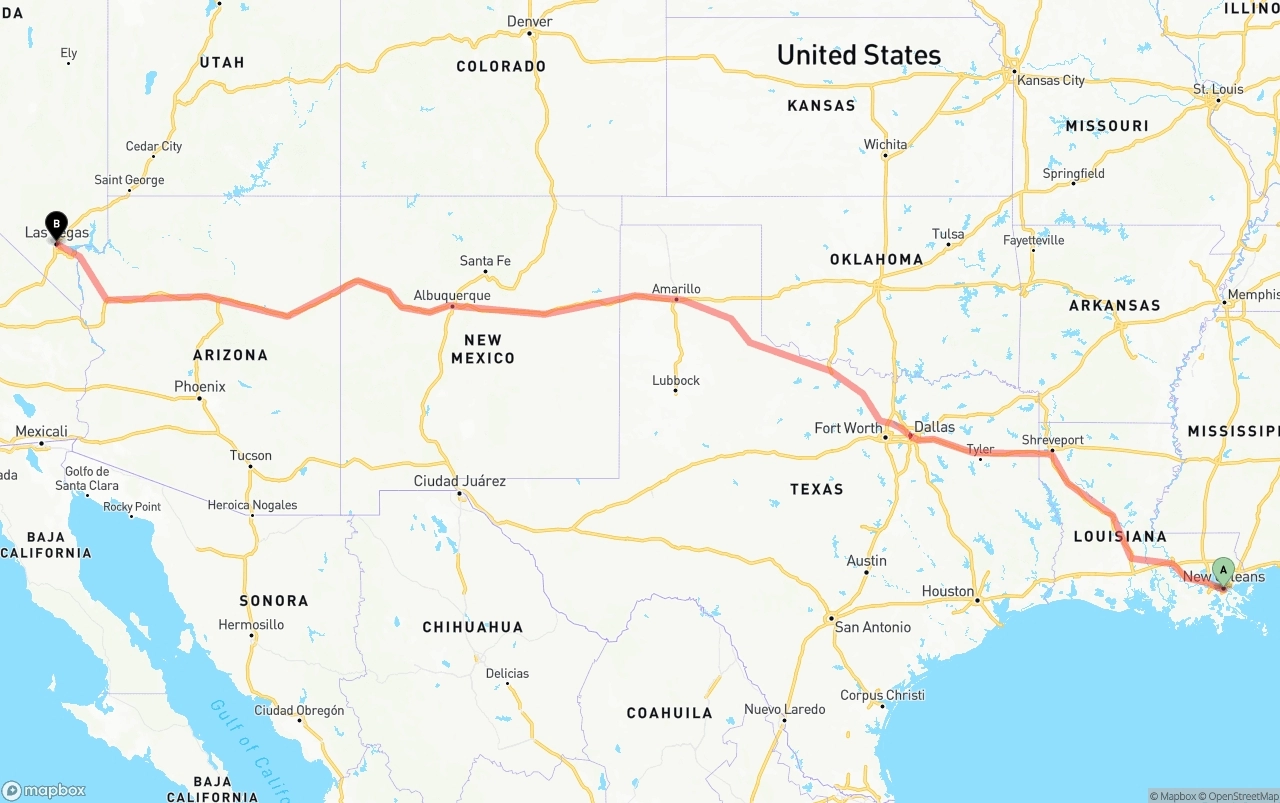 Shipping route from New Orleans to Las Vegas