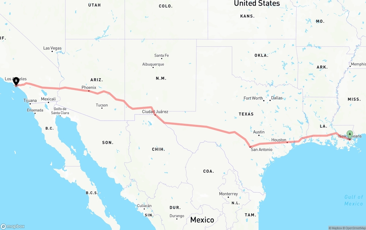 Shipping route from New Orleans to Long Beach