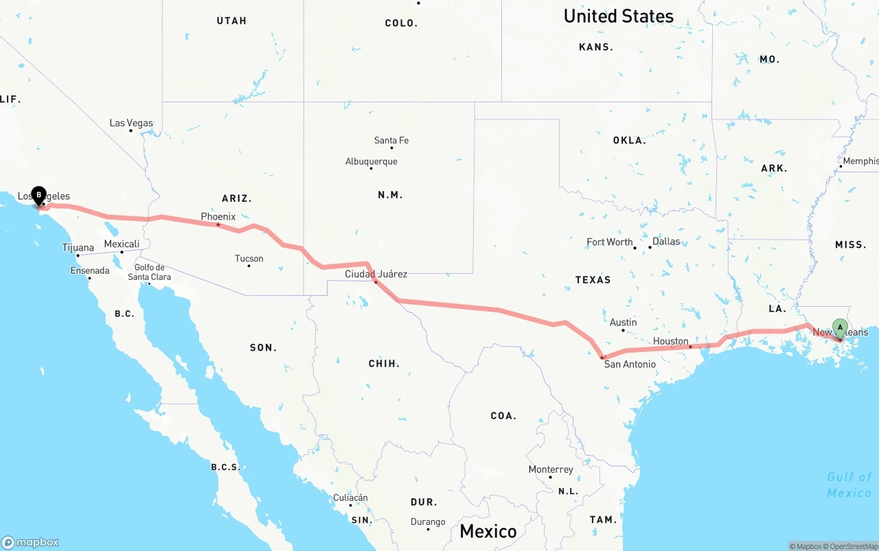 Shipping route from New Orleans to Los Angeles International Airport