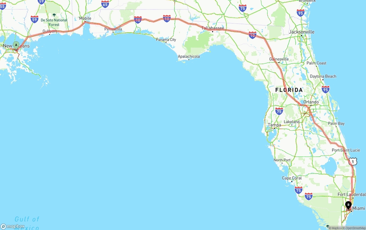 Shipping route from New Orleans to Miami International Airport