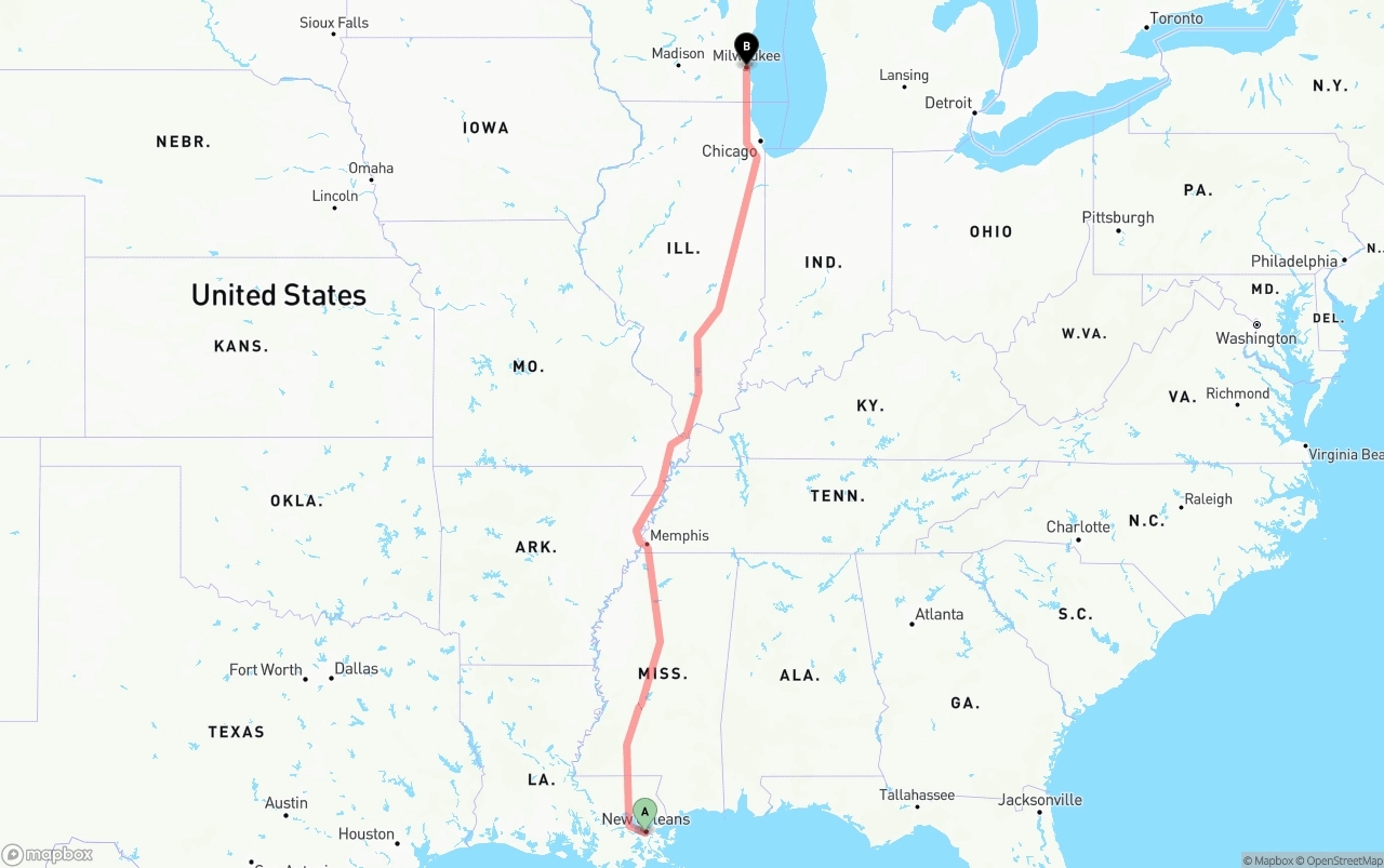 Shipping route from New Orleans to Milwaukee