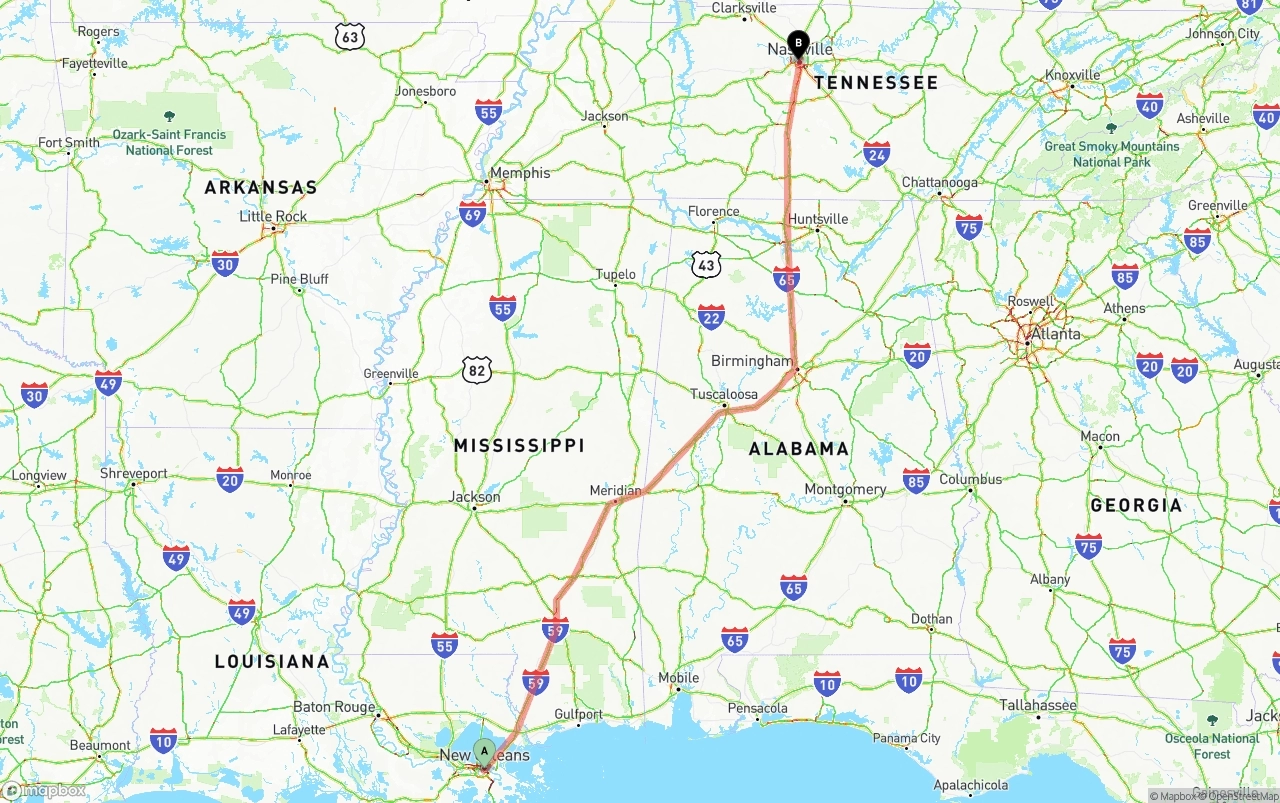 Shipping route from New Orleans to Nashville