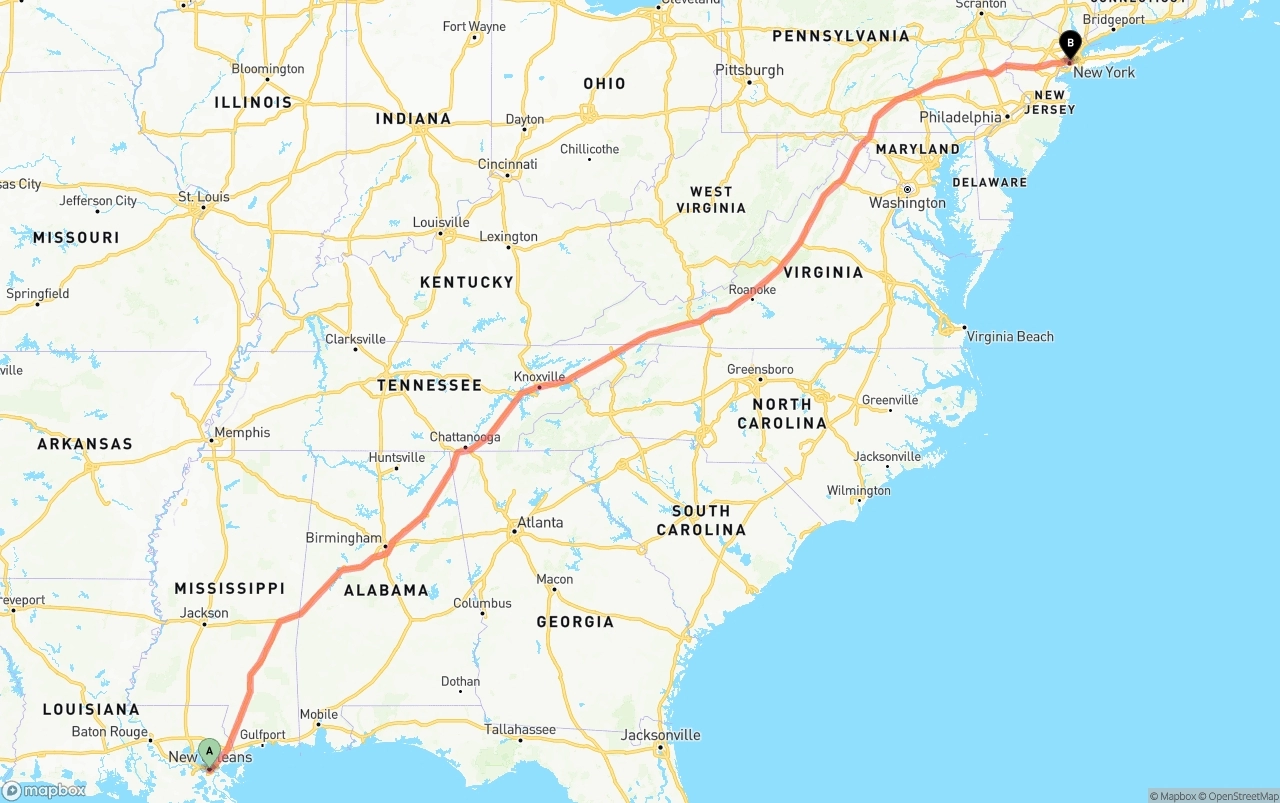 Shipping route from New Orleans to New York City