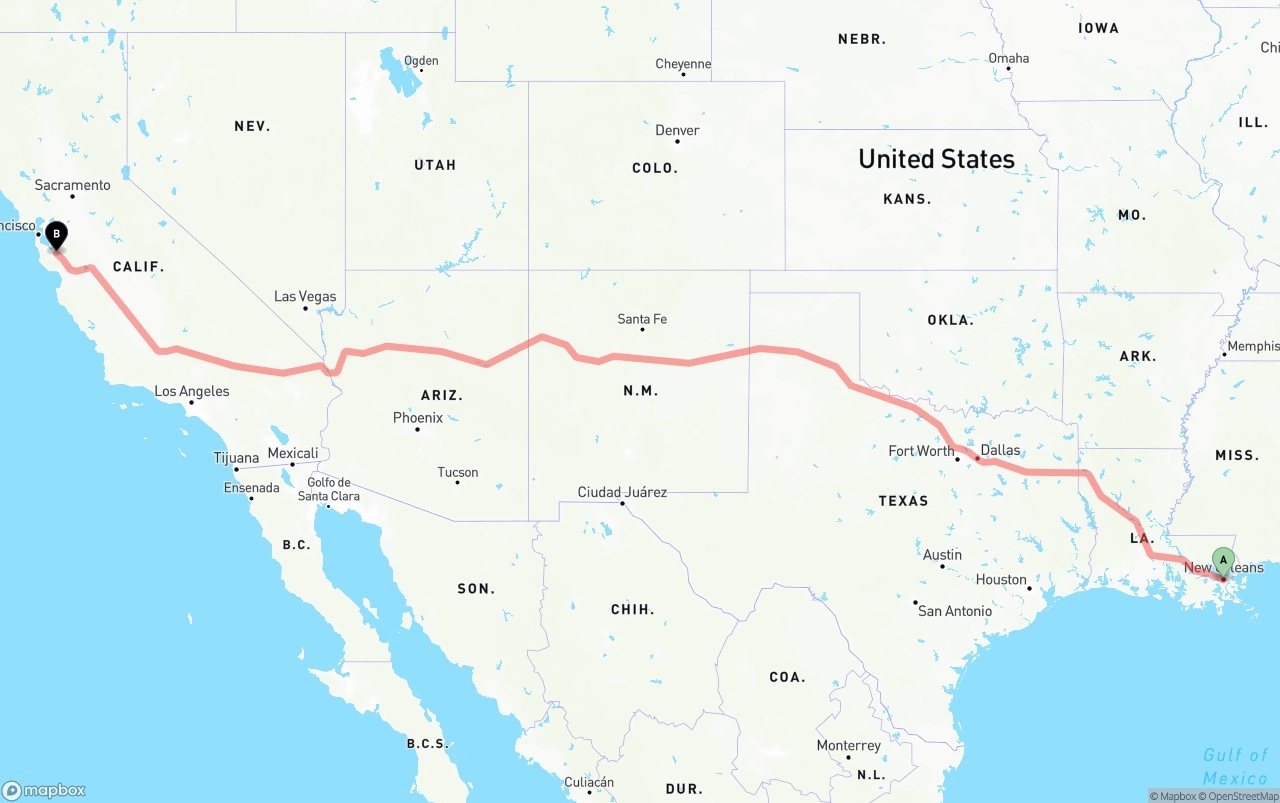 Shipping route from New Orleans to Norman Y. Mineta San Jose International Airport