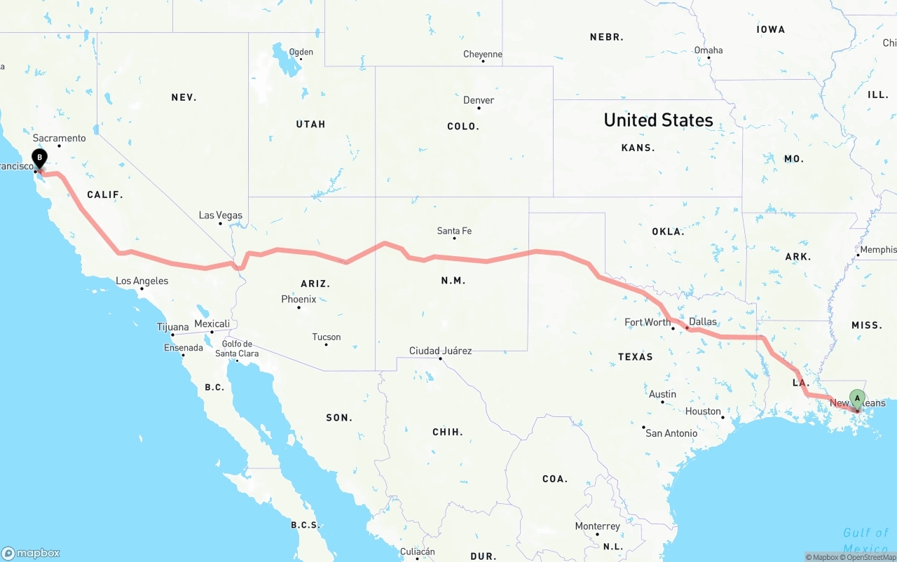 Shipping route from New Orleans to Oakland
