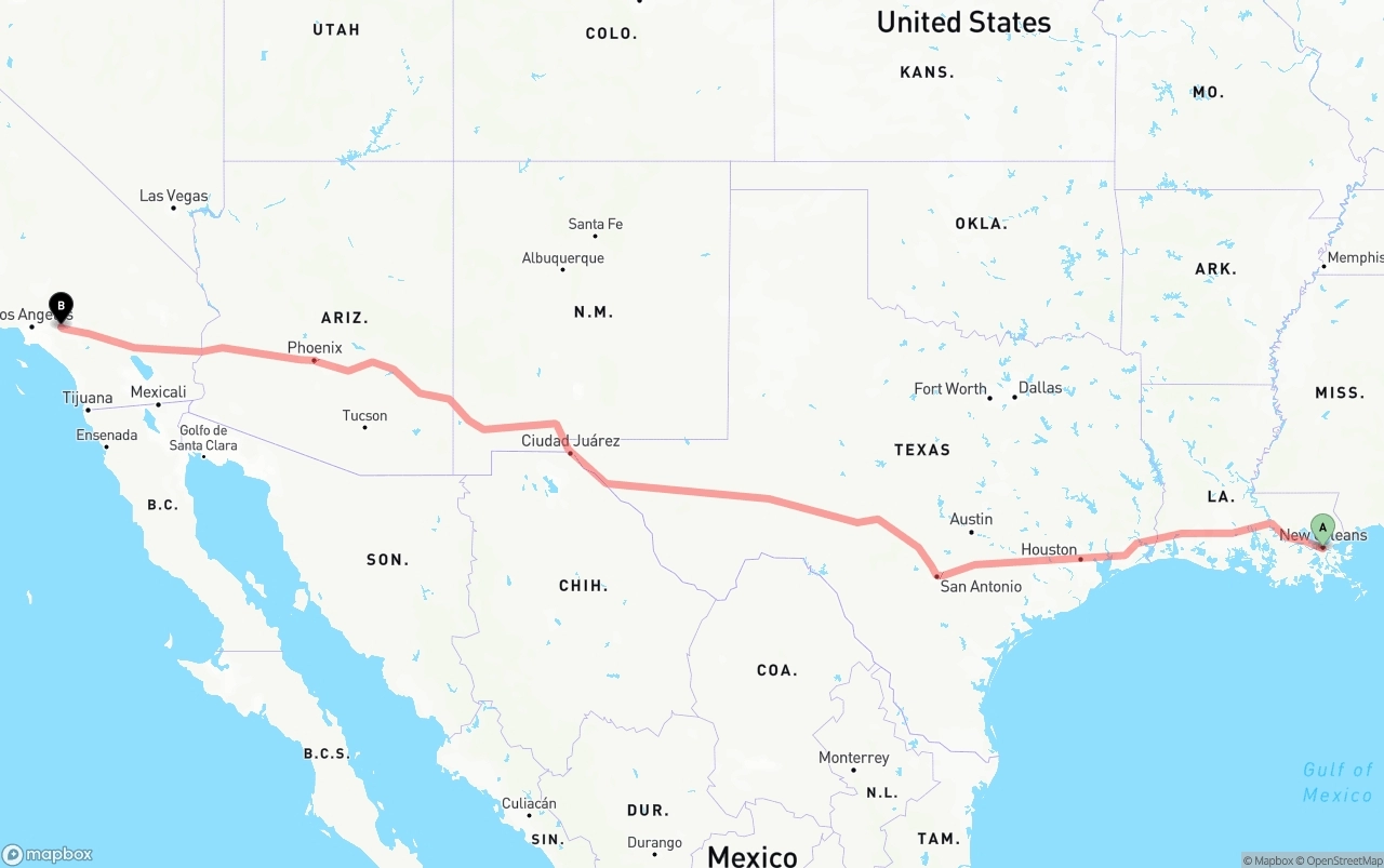 Shipping route from New Orleans to Ontario International Airport