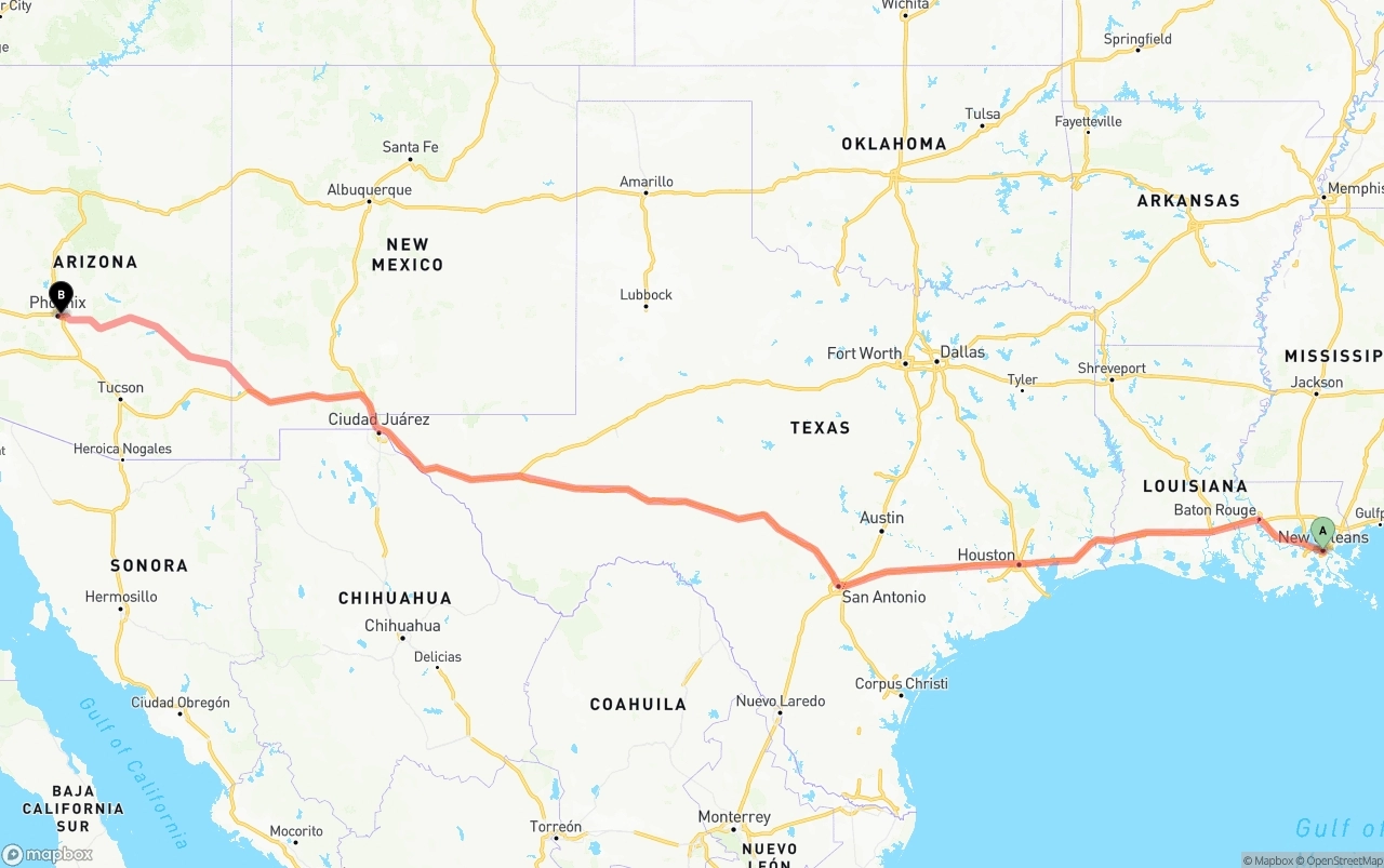 Shipping route from New Orleans to Phoenix Sky Harbor International Airport