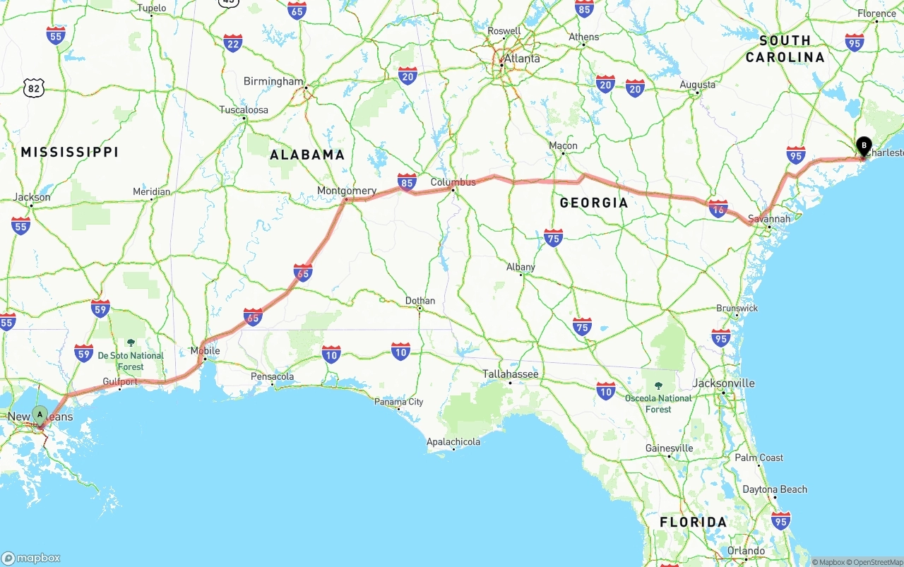 Shipping route from New Orleans to Port of Charleston
