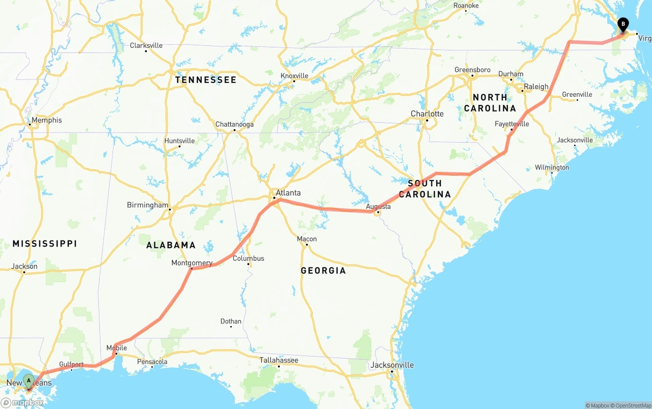 Shipping route from New Orleans to Port of Norfolk