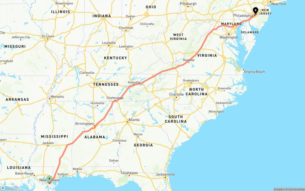 Shipping route from New Orleans to Port of Philadelphia
