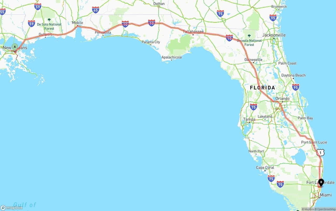 Shipping route from New Orleans to Port of Port Everglades