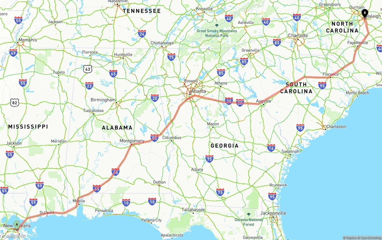 Shipping route from New Orleans to Raleigh