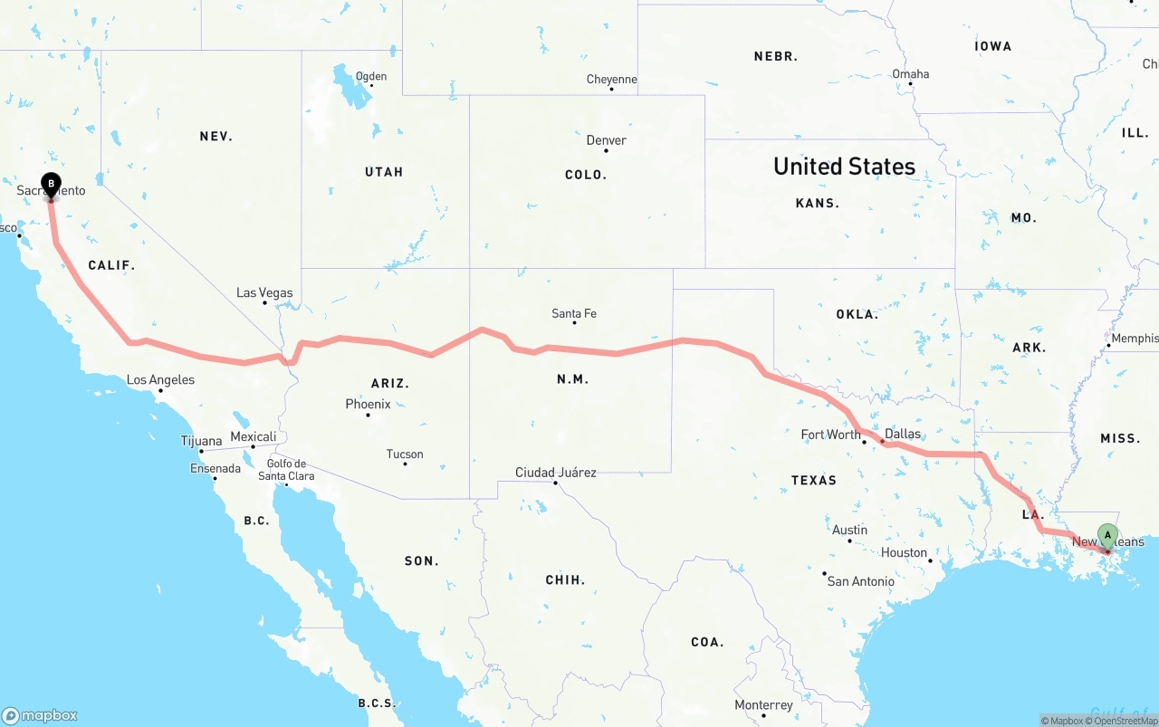 Shipping route from New Orleans to Sacramento