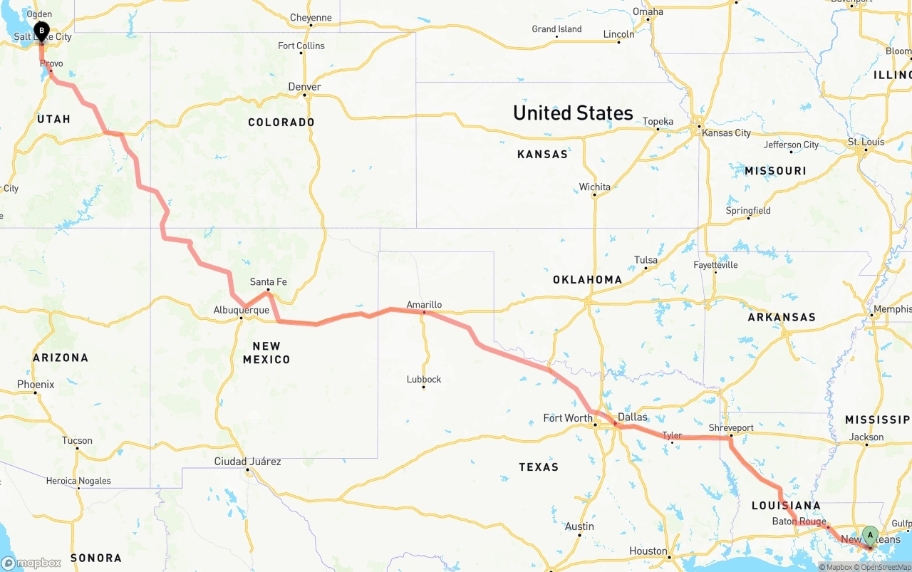Shipping route from New Orleans to Salt Lake City