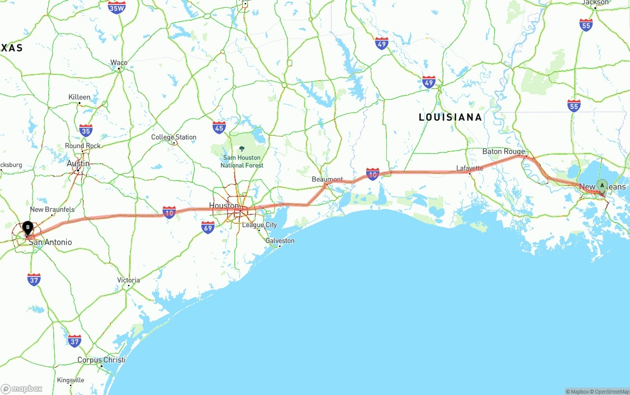 Shipping route from New Orleans to San Antonio