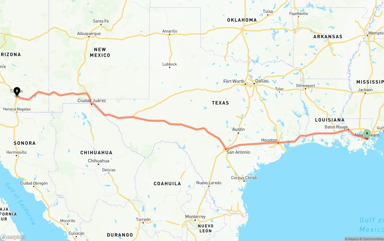 Shipping route from New Orleans to Tucson International Airport