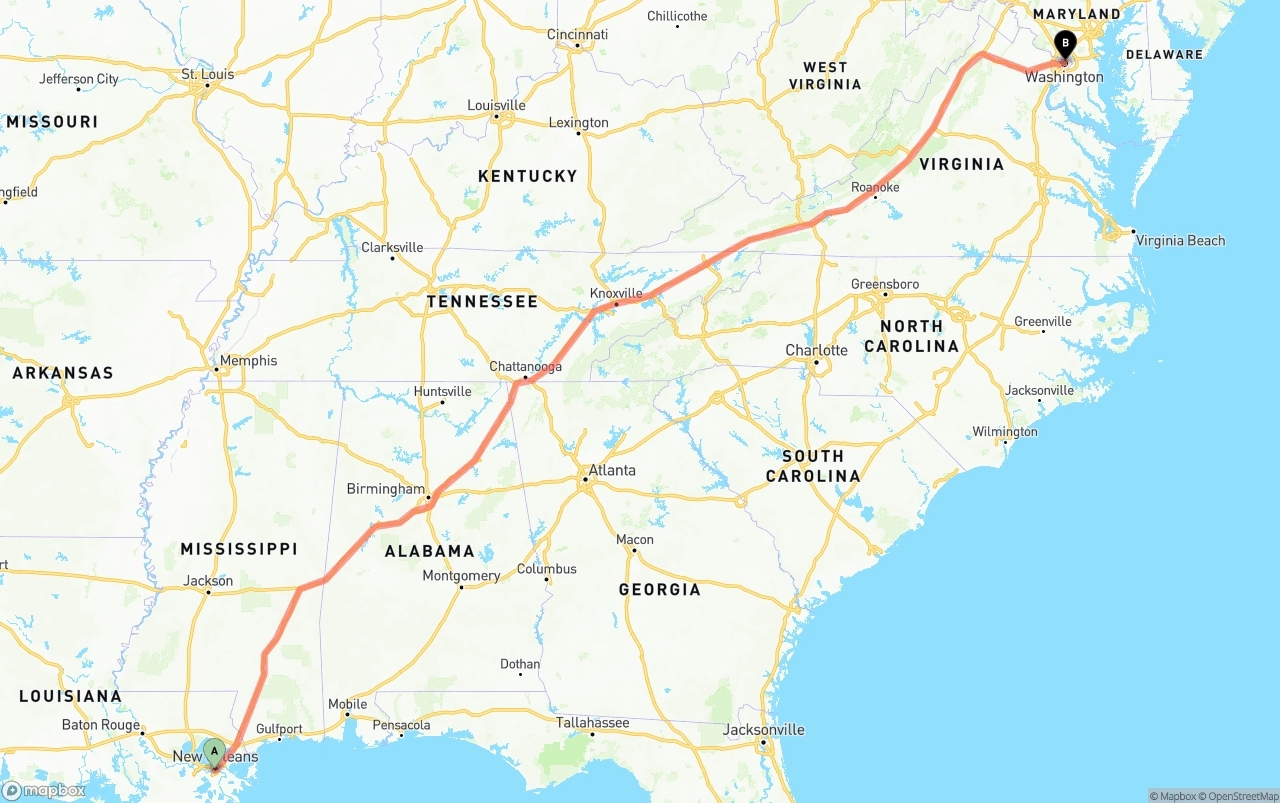 Shipping route from New Orleans to Washington D.C.