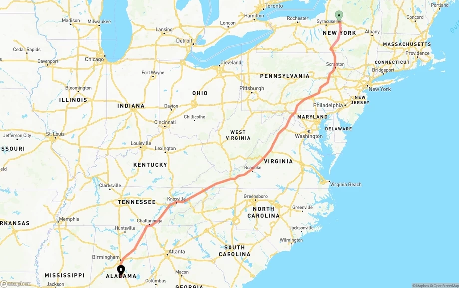 New York to Alabama freight shipping route map