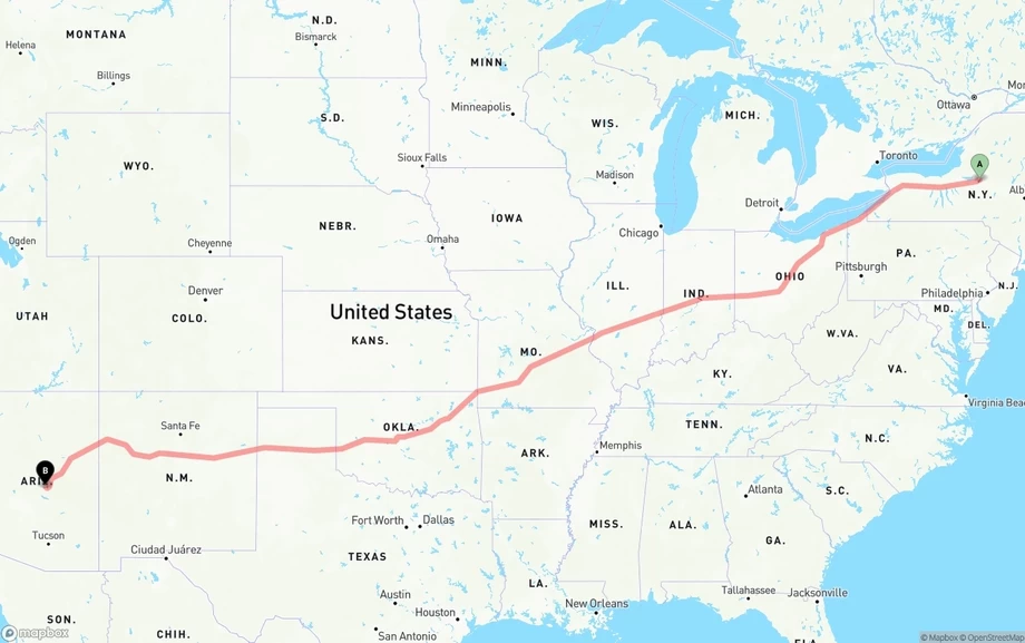 New York to Arizona freight shipping route map