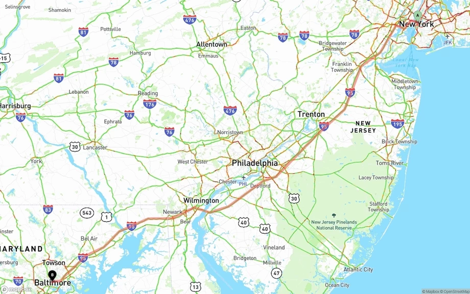 New York City to Baltimore freight shipping route map