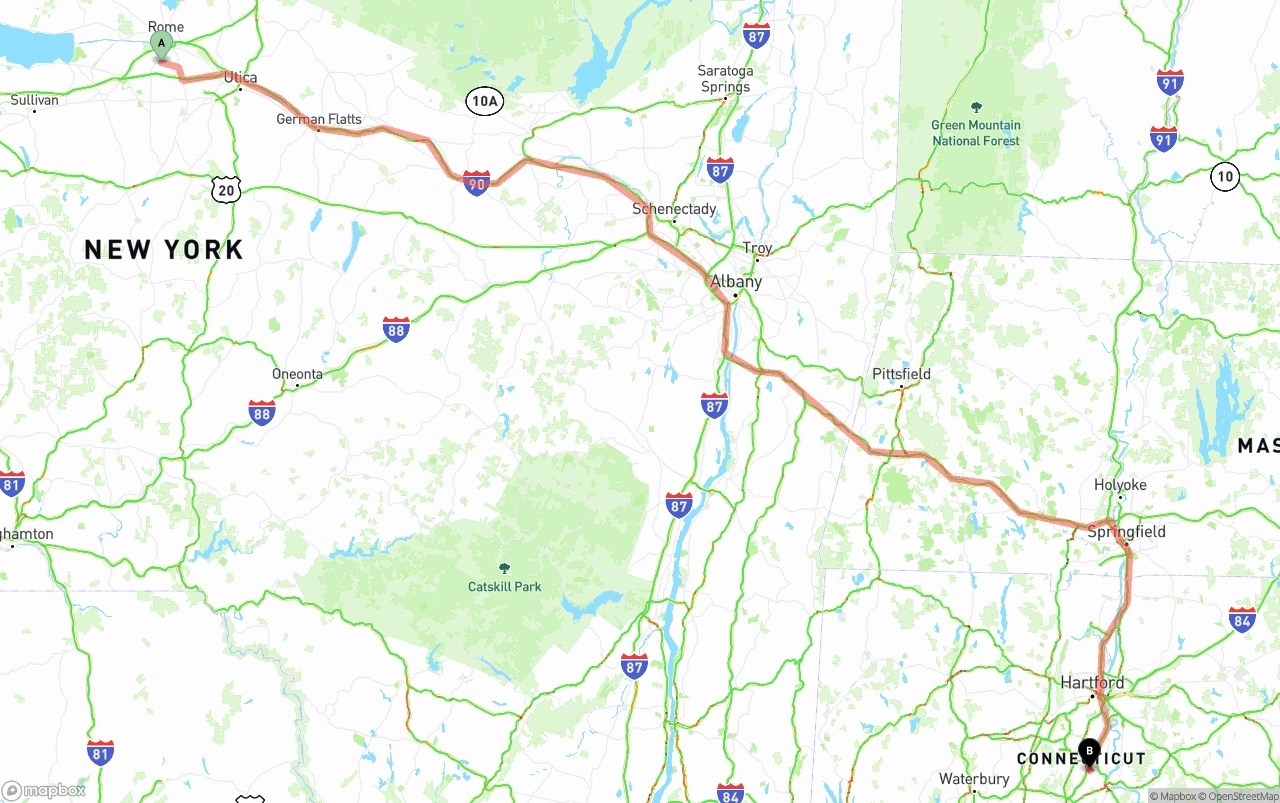 Shipping route from New York to Connecticut