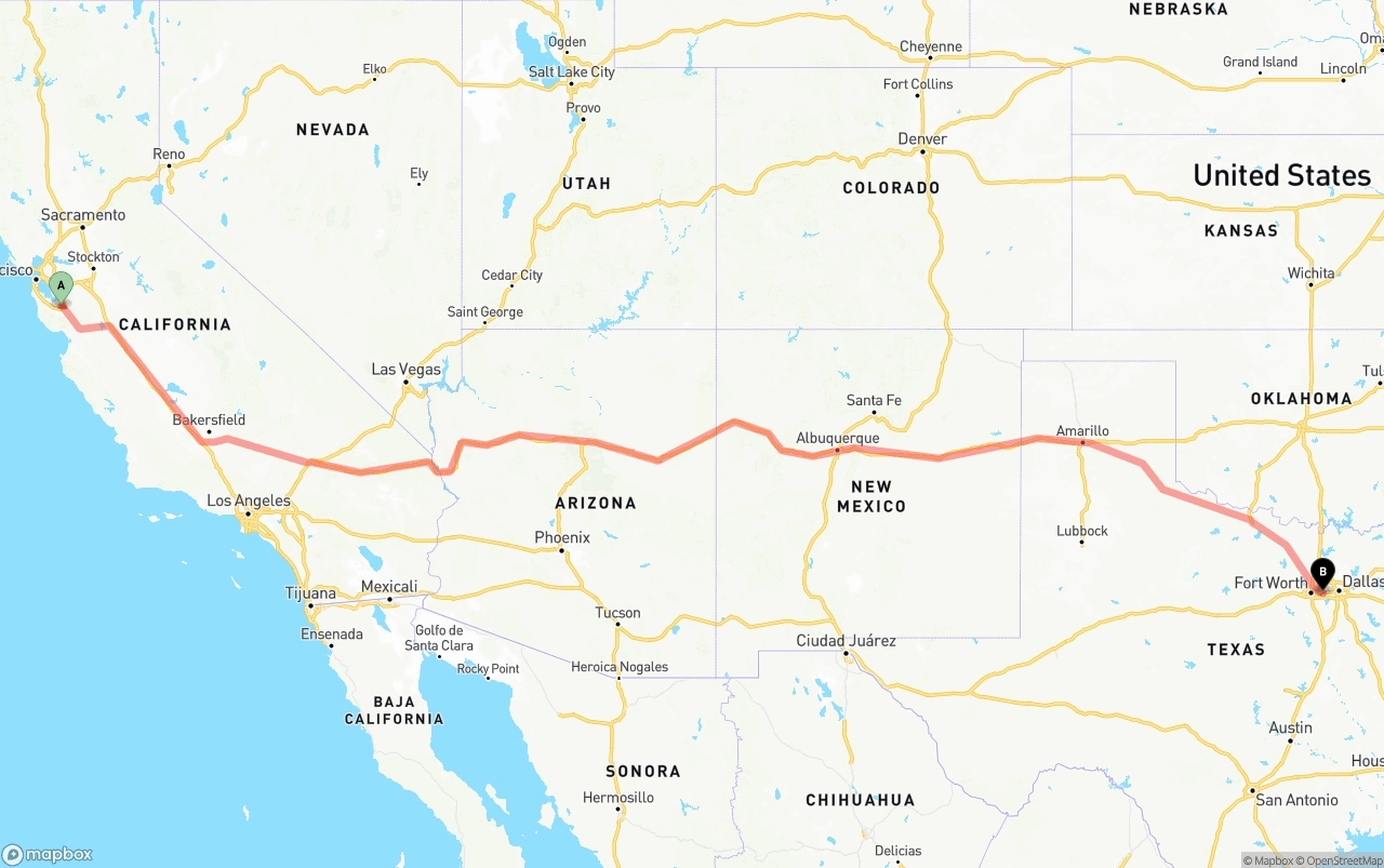 Shipping route from Norman Y. Mineta San Jose International Airport to Arlington