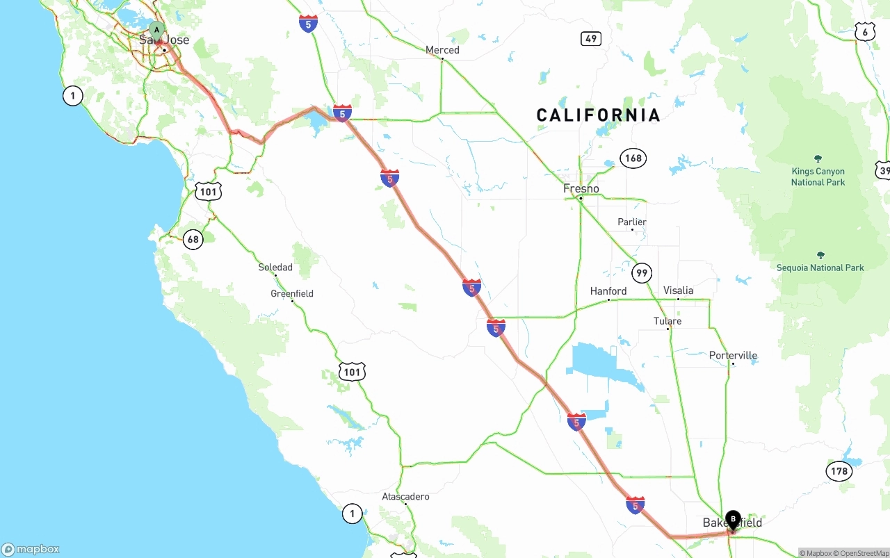 Shipping route from Norman Y. Mineta San Jose International Airport to Bakersfield