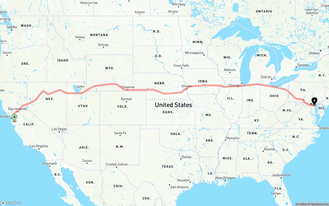 Shipping route from Norman Y. Mineta San Jose International Airport to Baltimore