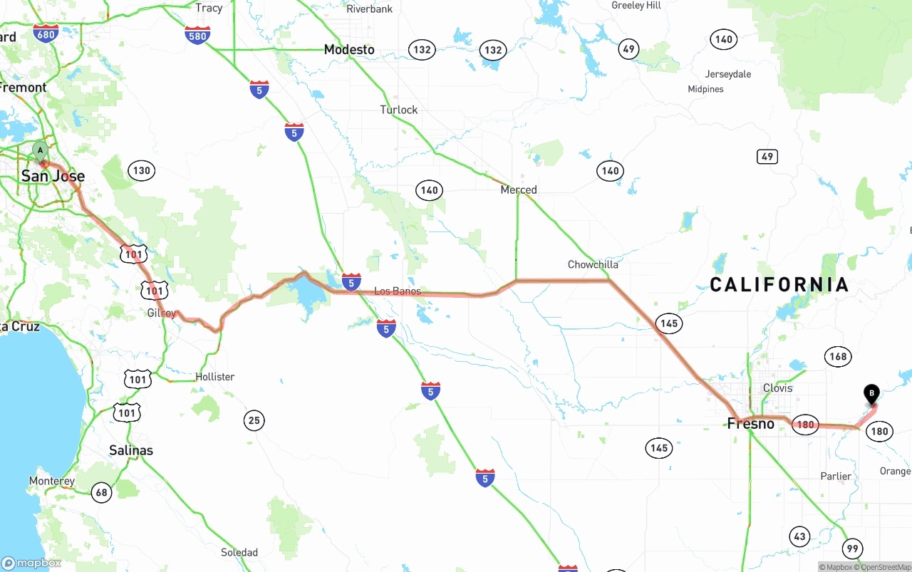 Shipping route from Norman Y. Mineta San Jose International Airport to California