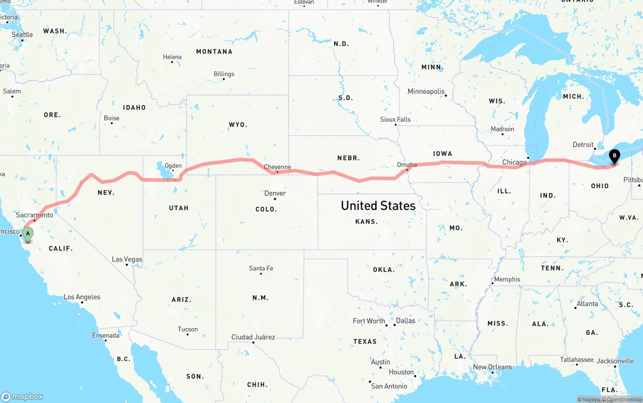 Shipping route from Norman Y. Mineta San Jose International Airport to Cleveland