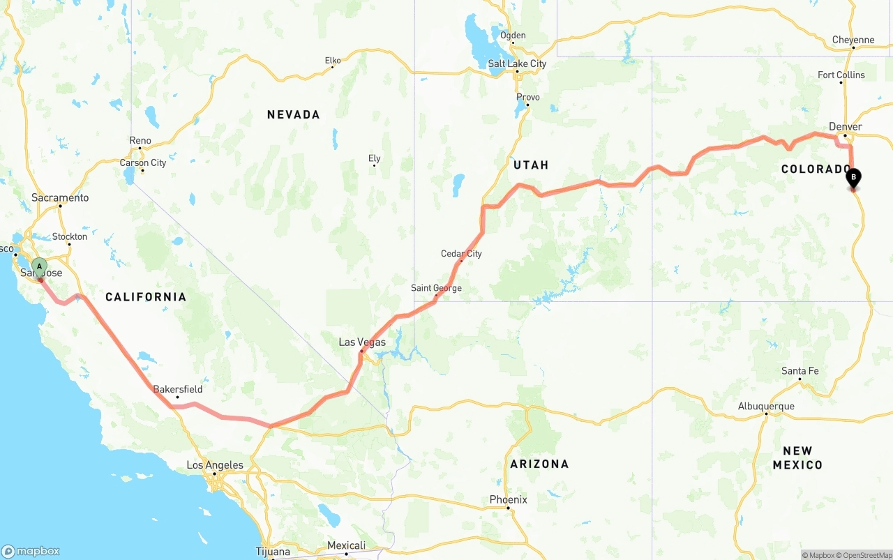Shipping route from Norman Y. Mineta San Jose International Airport to Colorado Springs